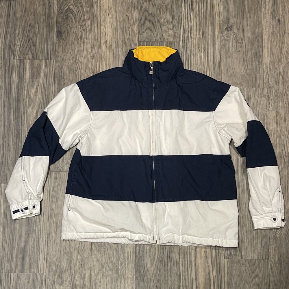 VINTAGE Tommy Hilfiger Jacket Adult Large White Blue With Roll Up Hoodie #Shlv
